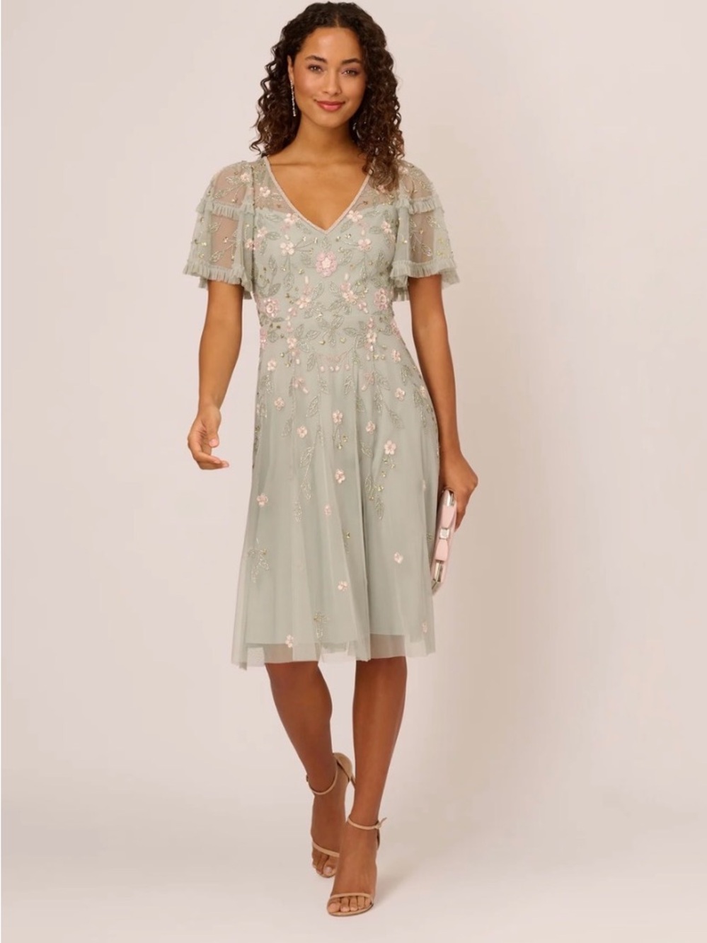 Adrianna Papell Sage Green Embroidered V-Neck Mesh Dress